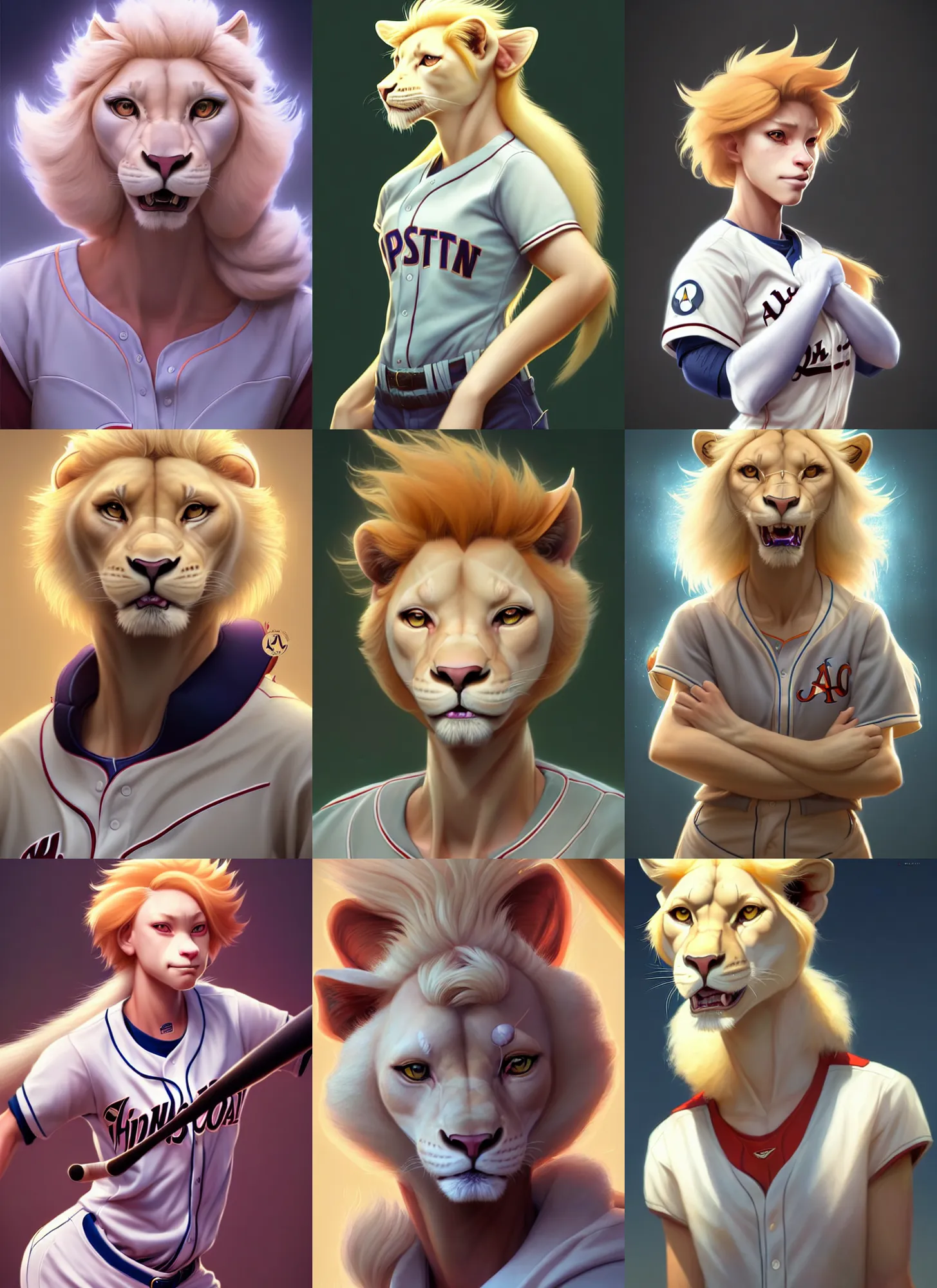 Image similar to beautiful portrait of a female anthropomorphic albino lioness fursona baseball player. character design by disney, charlie bowater, ross tran, artgerm, and makoto shinkai, detailed, soft lighting, rendered in octane