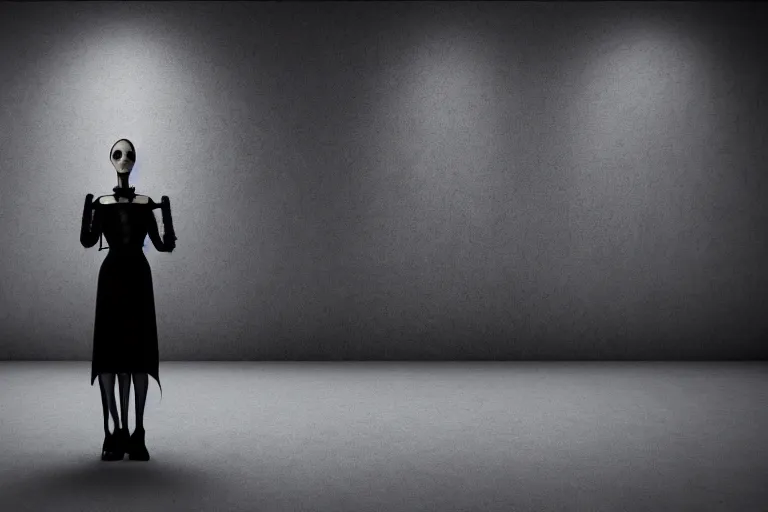 Prompt: a creepy woman wearing all black Tim Burton style, standing in a dark, eerie room, melancholic, dreary, sinister, 3D render,