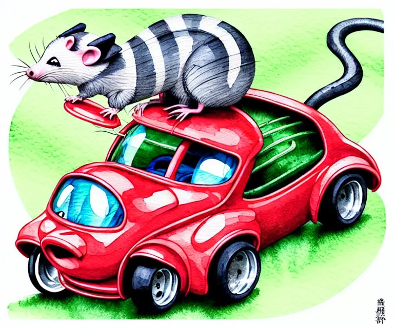 Image similar to cute and funny, opossum wearing a helmet riding in a tiny hot rod with oversized engine, ratfink style by ed roth, centered award winning watercolor pen illustration, isometric illustration by chihiro iwasaki, edited by range murata, tiny details by artgerm and watercolor girl, symmetrically isometrically centered, focused