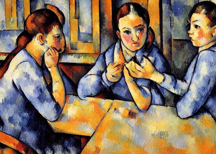 Image similar to in the style of paul cezanne. jouers des cartes. two beautiful girls with modern clothing sitting at a wooden table in a bar looking at their phones. there is a bright red lamp hangig above the table. milkshakes. dim light. a flatscreen tv in background.