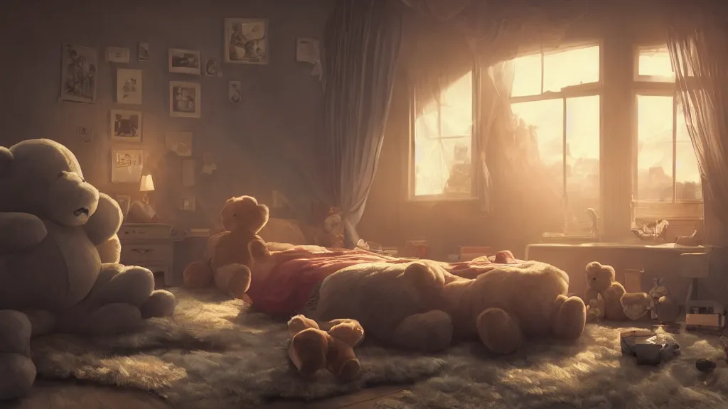 Image similar to a Photorealistic hyperrealistic render of an interior of a spoiled child's beautiful bedroom with a giant teddy bear sitting on the floor by PIXAR,Greg Rutkowski,WLOP,Artgerm,dramatic moody sunset lighting,long shadows,Volumetric, cinematic atmosphere, Octane Render,Artstation,8k