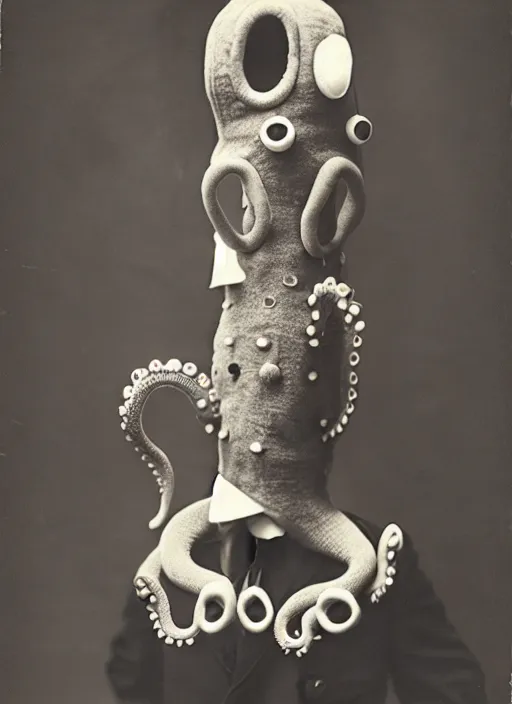 Image similar to anthropomorphic octopus , wearing a suit, tentacles spilling out of the collar, vintage photograph, sepia