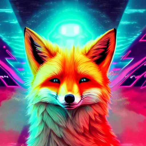 Prompt: digital fox, retrowave palette, flowy digital world, highly detailed, electric breeze, anatomically correct vulpine, synth feel, fluffy face, ear floof, flowing fur, super realism, accurate animal imagery, 4 k digital art