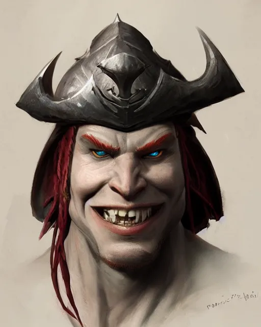 Image similar to portrait of a pale skin self confident smiling orc with a pirate hat, dramatic lighting concept art by blizzard studio and ruan jia and raphael lacoste, trending on artstation