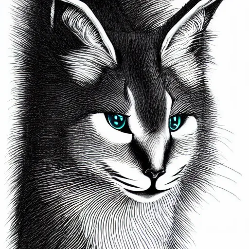 Prompt: black and white illustration, creative design, cute fluffy caracal, by junji ito