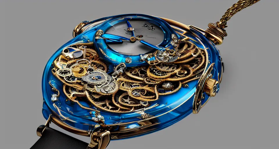 Image similar to a steampunk sleek, jewelled, tropical bird repeater watch by Jaquet Droz, highly detailed illustration highlights, gold and silver highlights, neon blue highlights, macro photography, F/2.8, trending on artstation, octane render