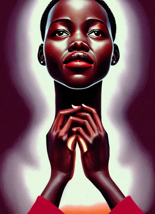 Prompt: twin peaks movie poster art, portrait of lupita nyong'o, from scene from twin peaks, clean, simple illustration, nostalgic, domestic, highly detailed, digital painting, artstation, concept art, smooth, sharp focus, illustration, artgerm, donato giancola, joseph christian leyendecker, wlop