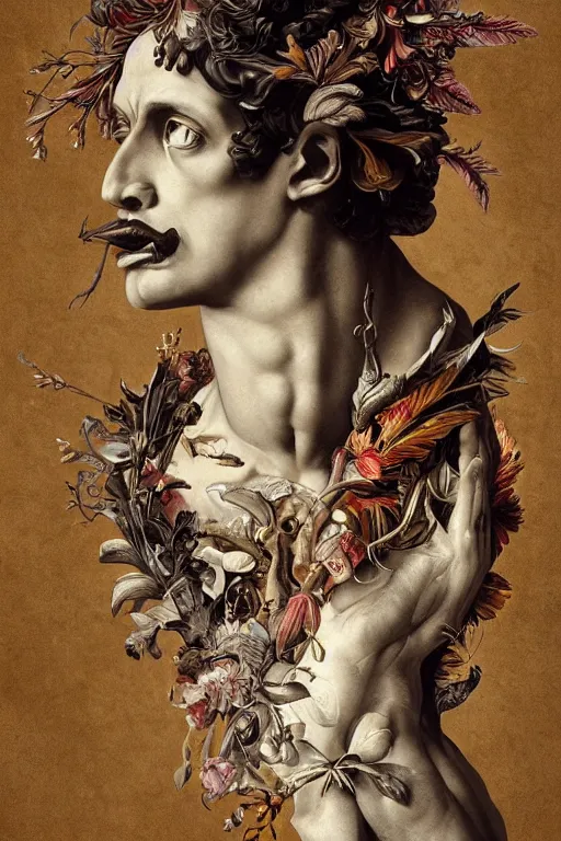 Image similar to Detailed maximalist portrait a Greek god with large lips and with large white eyes, exasperated expression, fleshy skeletal, botany, HD mixed media 3d collage, highly detailed and intricate, surreal illustration in the style of Caravaggio, dark art, baroque