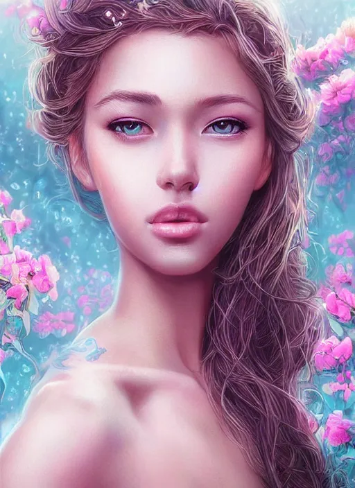 Prompt: beautiful, young woman, extremely detailed gorgeous face, looks realistic, hyper-detailed portrait, sad eyes tears, vaporwave aesthetic, synthwave, magical, fantasy, flowers, artist Artgerm i and WLOP