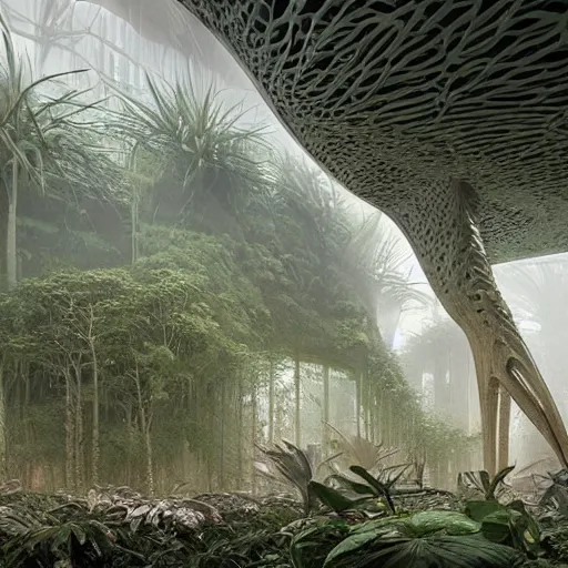 Prompt: epic, ultra detailed, hyper - real alien jungle by zaha hadid and greg rutkowski inside zdzisław beksinski