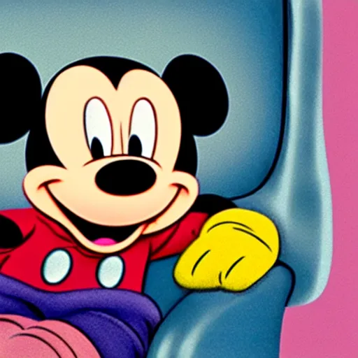 Prompt: mickey mouse sitting in couch and watching tv in 30s disney style