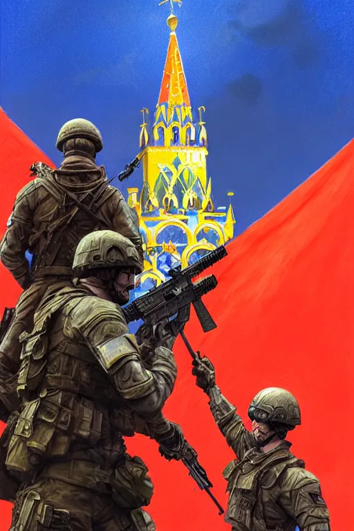 Image similar to special forces soldier installin ukrainian blue and yellow flag on red square kremlin, masculine figure, d & d, fantasy, bright atmosphere, volumetric lights, intricate, elegant, extremely detailed, digital painting, artstation, concept art, matte, smooth, sharp focus, hyper realistic, illustration, art by artgerm and greg rutkowski and alphonse mucha