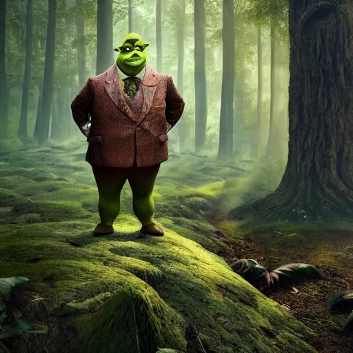 Image similar to Very very very very highly detailed epic central composition photo of Mr Bean as shrek face in the forest, intricate, extremely detailed, digital painting, smooth, sharp focus, illustration, happy lighting, incredible art by Brooke Shaden, artstation, concept art, Octane render in Maya and Houdini