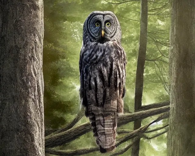 Image similar to an 5 5 - year old man sees a great grey owl in a tree in front of him, concept art from the short story'mouth and mind'set in chatham, ontario, realistic modern supernatural horror thriller aesthetic, hd 4 k 8 k digital matte painting, by david mattingly and michael whelan. layout in the style of christopher mckenna and gregory crewdson