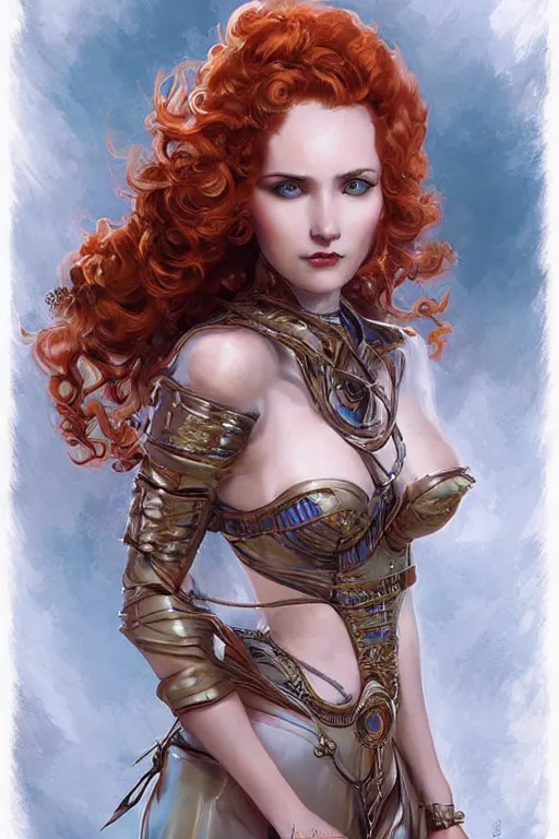 Image similar to three quarters portrait of a beautiful Lady Mechanika, very beautiful young woman, ginger wavy hair, Victorian-era push-up underwire. Intricate, D&D!, fantasy style, sharp focus!, ultra detailed, art by Artgerm and Peter Andrew Jones