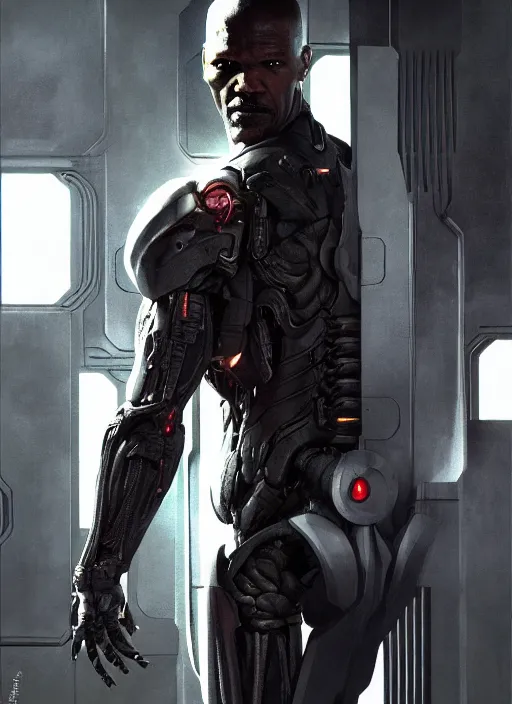 Prompt: jamie foxx as victor stone, full body concept, cyborg, borg, strogg, face of a man, terminator, flesh, quake strogg, doom demon, wolfenstein, monstrous, powerful, symmetry, symmetrical, concept art by ruan jia and greg rutkowski