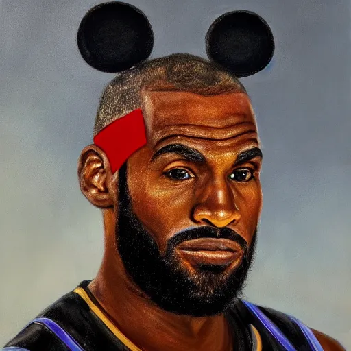 Image similar to facial portrait of lebron james, lebron james dressed as mickey mouse, oil on canvas by william sidney mount, digital art, award winning
