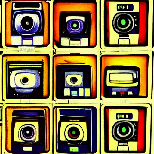 Image similar to array of crt televisions, tv static, antenna, stacked, polaroid, steroids, adult video store, impressionist painting, painting, oil painting, cell shaded, fuzzy