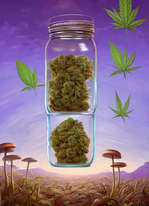 Prompt: detailed surreal digital painting of a mason jar full of cannabis buds, surreal mushrooms and large capsules by artstation, fanart behance hd by jesper ejsing, by rhads, makoto shinkai and lois van baarle, ilya kuvshinov, rossdraws, refer madness propaganda, global illumination, radiant light, detailed and intricate environment