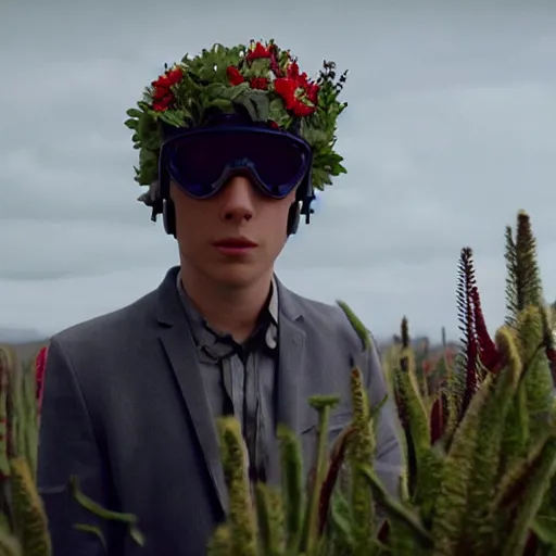 Image similar to movie still of a youth with a cyborg plants flowers helmet, cinematic composition, cinematic light, by edgar wright and david lynch