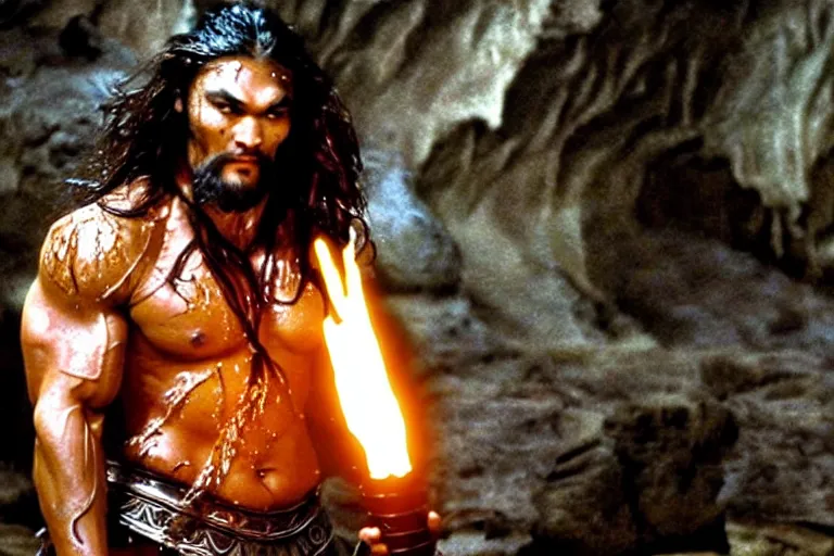 Prompt: film still from conan the barbarian, jason momoa as conan holding a torch in the catacombs of evil, fantasy armor, volumetric lighting, mist, wet skin and windblown hair, muscular!!!, masculine pose, ridley scott