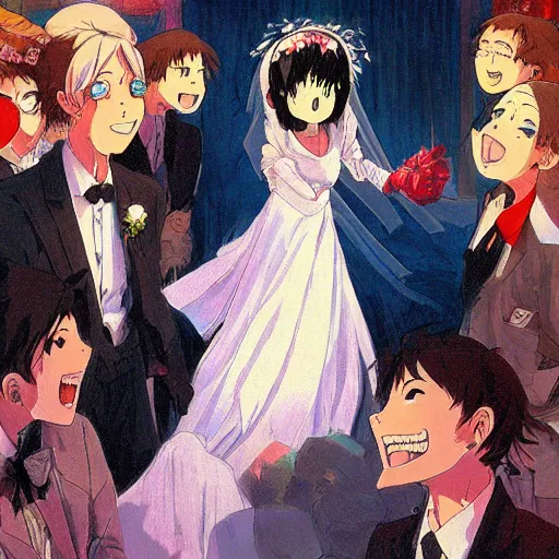 Prompt: Anime bride screaming and slapping a groom, funny, vivid colors, by studio ghibli and greg rutkowski