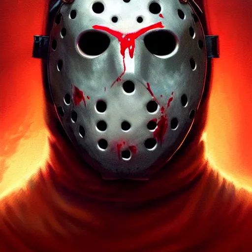 Prompt: full face Jason friday the 13th, hockey mask, bloody,intricate, cinematic lighting, highly detailed, digital painting, artstation, concept art, smooth, sharp focus, illustration, art by Artgerm and Greg Rutkowski, Cgsociety