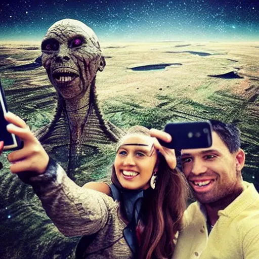 Image similar to “ our humanoid descendants in the year 2 2 0 0 taking a selfie on their sci - fi planet, award - winning details ”