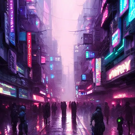 Image similar to overly crowded street of a cyberpunk city, rain, harsh neon lights, highly detailed, digital painting, trending on artstation, concept art, sharp focus, illustration, art by artgerm and greg rutkowski and magali villeneuve