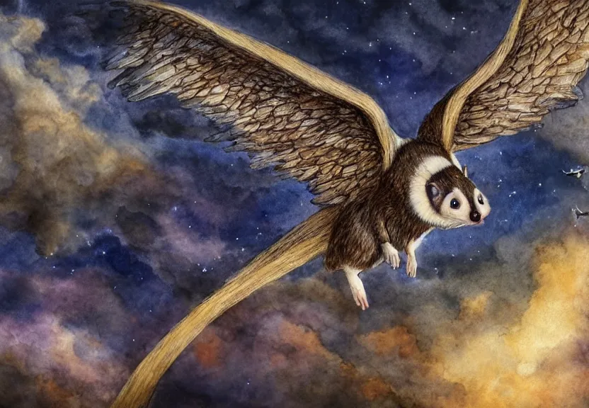 Image similar to epic winged possum flying over a medieval castle under a dark starred sky, dark fantasy, watercolor, dreaming illusion, highly detailed, 4k, trending on Artstation, award-winning