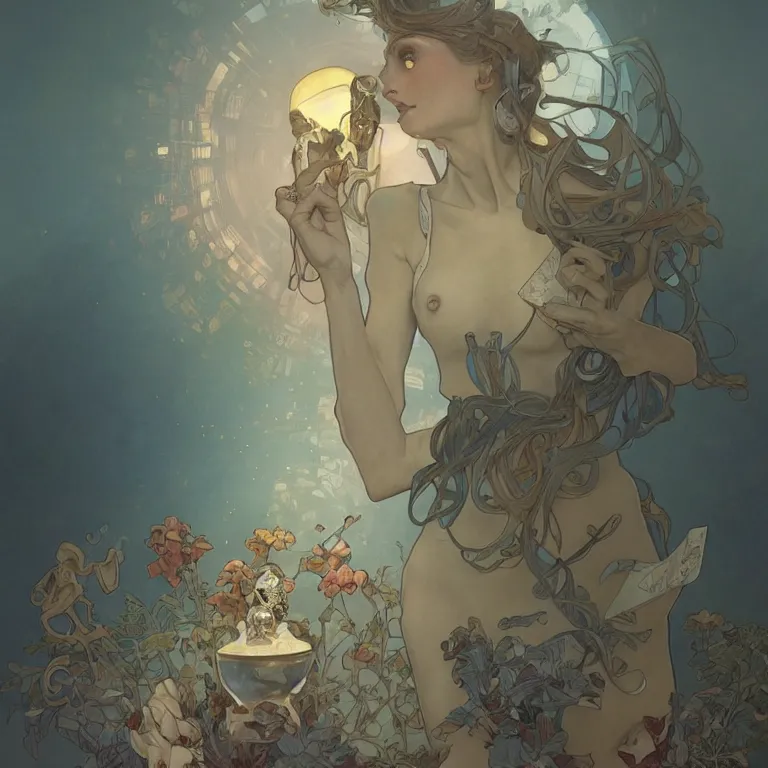 Image similar to opening pandora's box, concept art, nostalgic melancholic artwork, by Peter Mohrbacher and Alphonse Mucha, detailed, style, 8k, trending on artstation, unreal engine 4k, detailed, clean background trending, full shot, symmetrical portrait, sophisticated, Unreal engine, dystopia, anti-utopia, post processing, psychadelic