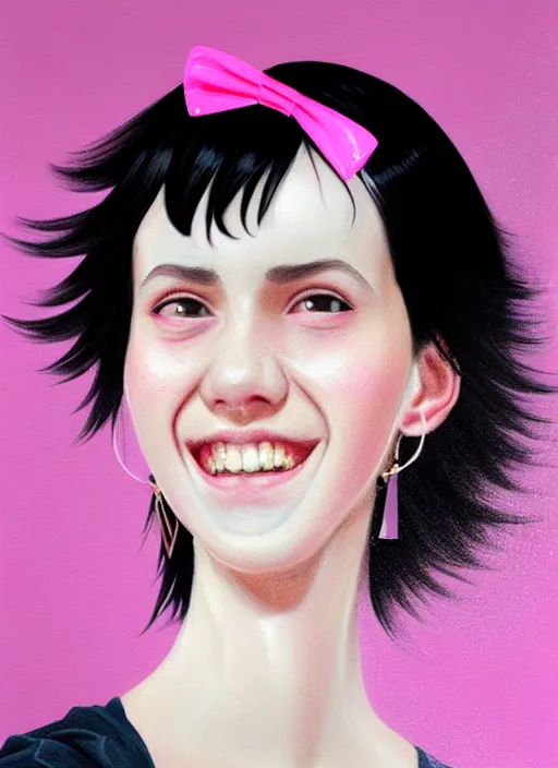 Image similar to portrait of high school girl, realistic, black hair, bangs, half updo hairstyle, pointy nose, skinny, smile, ugly, defined jawline, big chin, pink hair bow, earrings, intricate, elegant, glowing lights, highly detailed, digital painting, artstation, sharp focus, illustration, art by wlop, mars ravelo and greg rutkowski