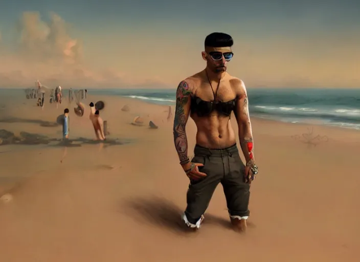 Prompt: muscular Zayn Malik smirking and wearing cholo sunglasses with white shirt open, along the beach, twilight, steelpunk, ghibli studio, nekro, Tom Bagshaw, Craig Mullins, octane 8k, by brian froud, Trending on ArtStation