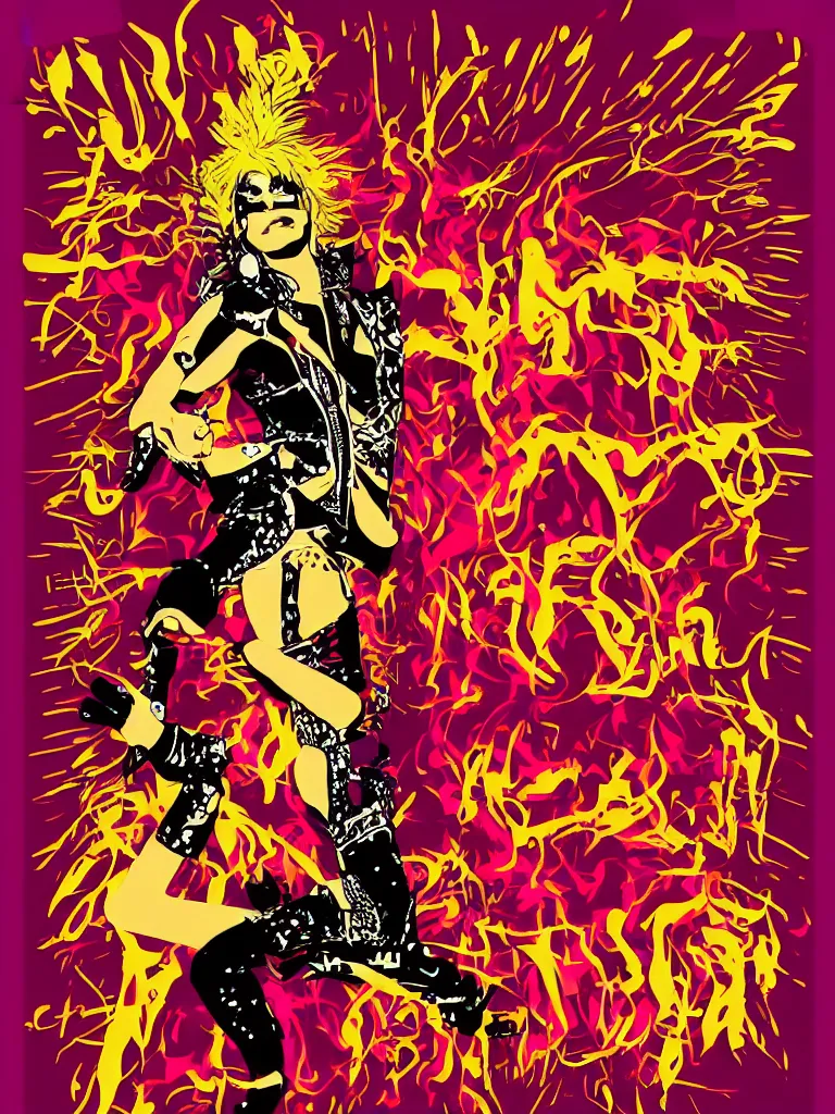 Image similar to vector art concert poster for a glam rock star drag queen, fire theme, concert poster