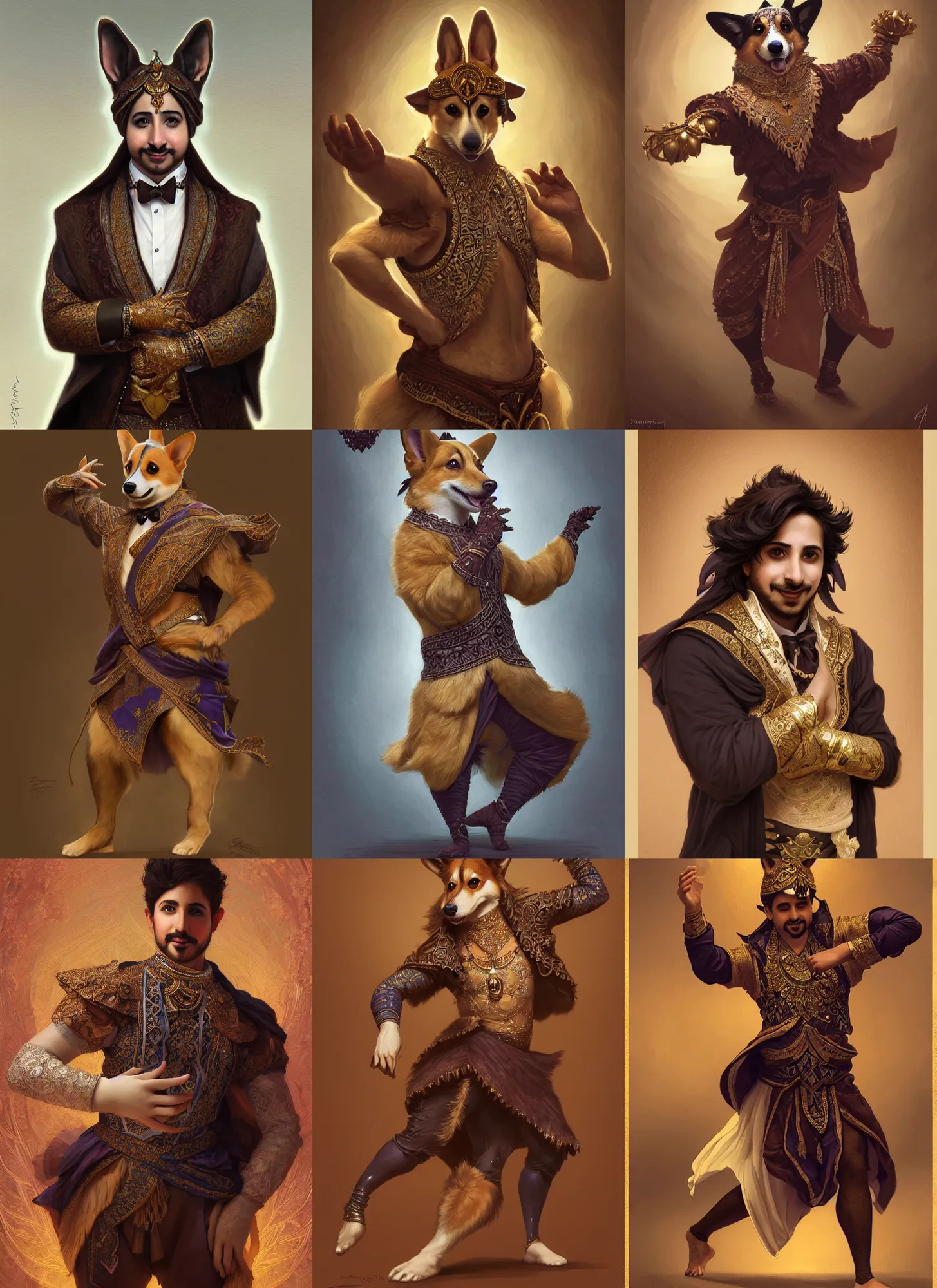 Prompt: full body photograph of a male anthropomorphic corgi man fursona arabian dancer, deep focus, intricate, elegant, highly detailed, digital painting, artstation, concept art, matte, sharp focus, illustration, d & d, fantasy, hearthstone, art by artgerm and greg rutkowski and alphonse mucha