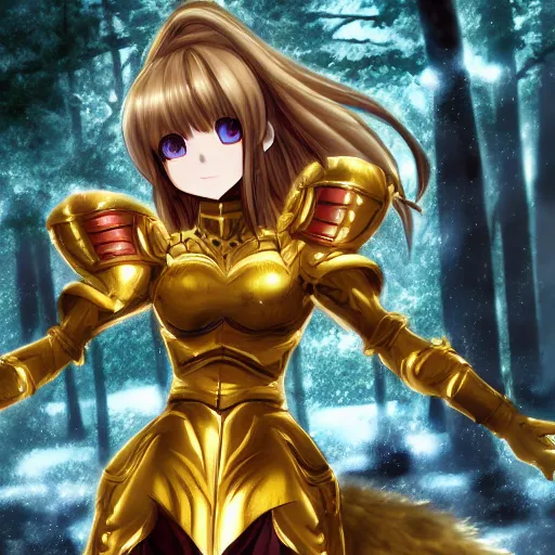 Prompt: portrait focus of beautiful darkness knight 3D anime girl, golden armor wearing, dark forest background, snowing, bokeh, inspired by Masami Kurumada, digital painting, high contrast, unreal engine render, volumetric lighting, high détail