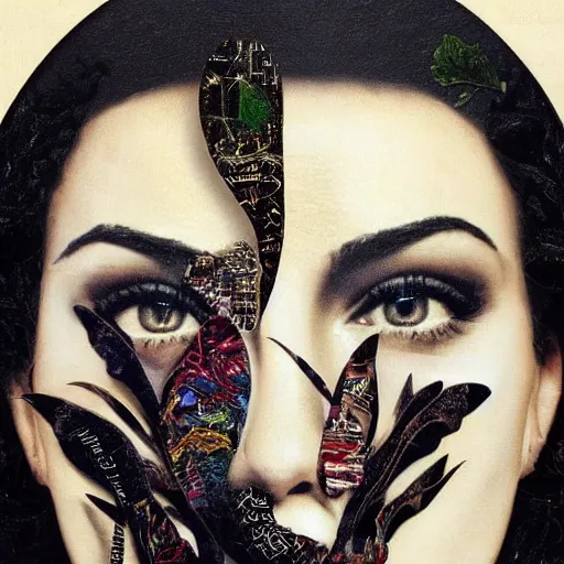 Prompt: a beautiful!!! portrait of Monica Bellucci, collage art of pages from alchemical grimoires, 8K, highly detailed, cryptic and mysterious, hypermaximalist, photorealistic