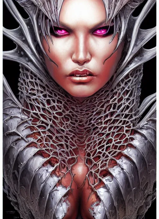 Image similar to a hyper detailed full face portrait of human transforming into the queen of blades, diablo 4 lilith, by yusuke murata, by hiroya oku, by dorian cleavenger, by tom bagshaw, by artgerm, by zdzisław beksinski, trending on artstation