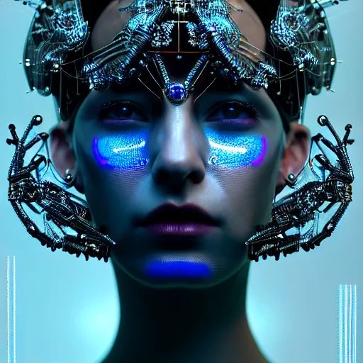 Image similar to portrait of an absurdly beautiful, graceful, sophisticated, fashionable cyberpunk mechanoid gravure idol, hyperdetailed illustration by irakli nadar, matt wisniewski style, intricate linework, dark black skin, iridescent fractal headdress, day - glow facepaint, unreal engine 5 highly rendered, global illumination, blue light, detailed and intricate environment