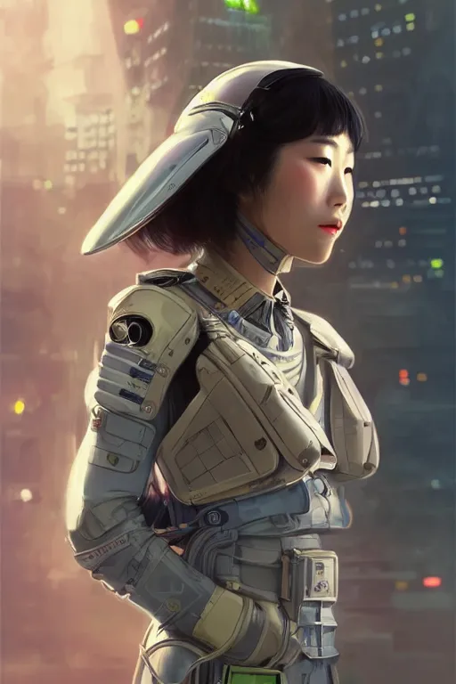Image similar to portrait futuristic beautiful japanese Airforce armored pilot Girl, in future fighter, airport, ssci-fi, fantasy, intricate, very very beautiful, elegant, human anatomy, neon light, highly detailed, digital painting, artstation, concept art, soft light, smooth, sharp focus, illustration, art by tian zi and WLOP and alphonse mucha
