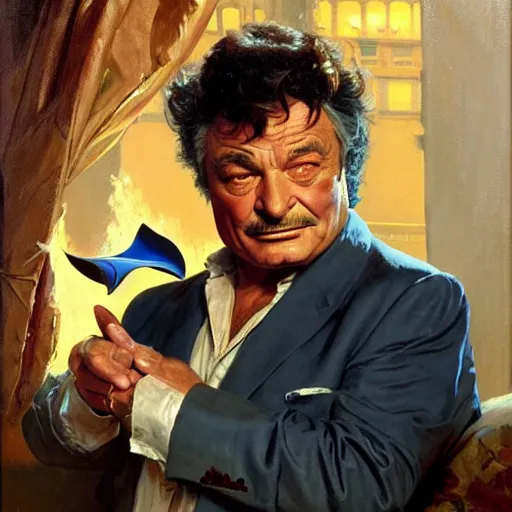 Image similar to peter falk as columbo is in his bed, nervous and terrified, because rip taylor is throwing confetti from a bucket at him. highly detailed painting by gaston bussiere, j. c. leyendecker, greg rutkowski, craig mullins 8 k