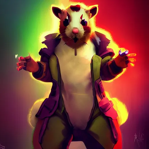 Image similar to scared hamster as overwatch character, digital illustration portrait design, by android jones and greg rutkowski, retrowave color scheme, detailed, cinematic lighting, wide angle action dynamic portrait