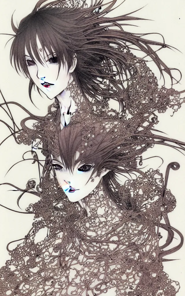 Image similar to prompt: Fragile looking face drawn by Yoshitaka Amano and Takato Yamamoto, ceramic looking face, cyber parts inspired by Evangeleon, clean ink detailed line drawing, intricate detail drawing, manga 1990, portrait