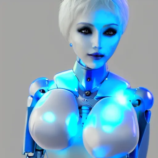 Prompt: womanized humanoid robot made of steel, beautiful face, short blue hair!!!, big breasts, thin body, anatomically correct, futuristic, glowing details!, symmetrical, unreal engine 5, ray tracing, natural shaders, 8 k, uhd, ultrarealistic, clear, sharp, highly detailed