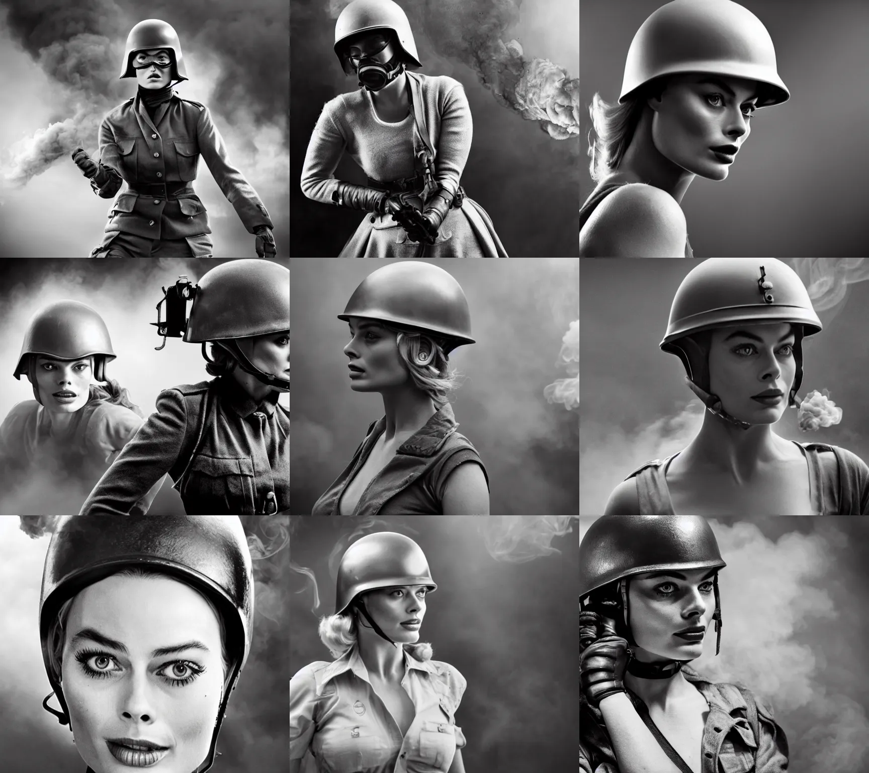 Prompt: margot robbie fighting in world war 2, black and white, helmet, smoke, realistic face, highly detailed