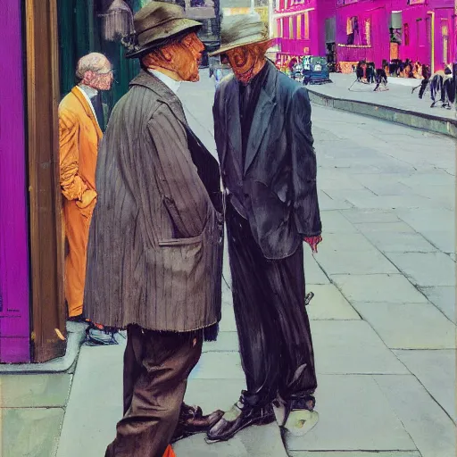 Image similar to high quality high detail painting of two men talking in the city streets of london by lucian freud and edward hopper and jenny saville and francis bacon and norman rockwell and malcom liepke and nicola samori, hd, turquoise and purple and orange and pink, dark atmosphere