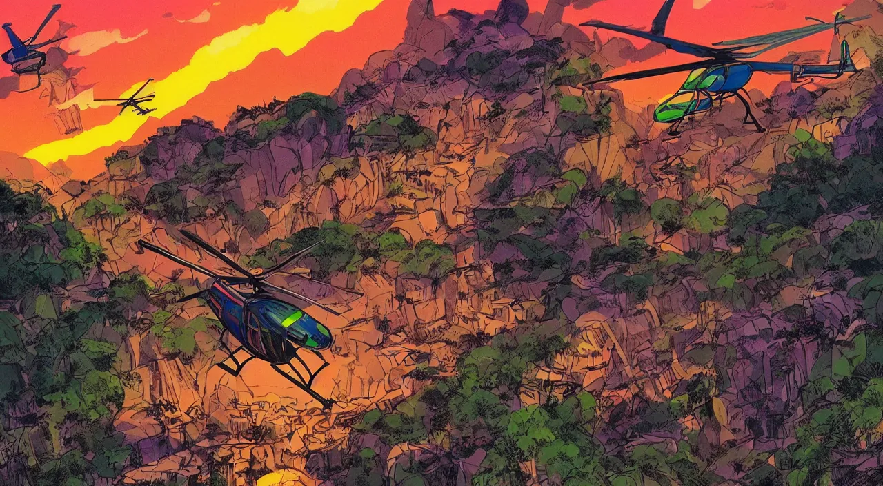 Image similar to helicopters flying low over jungle mountains sunset sky rice patties beautiful artstation 4 k breathtaking illustration cartoon by jack kirby