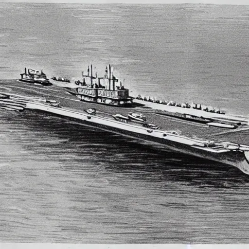Prompt: grainy vintage illustration of an aircraft carrier made out of an old west train, 1 9 4 2 historical documentstion - n 4