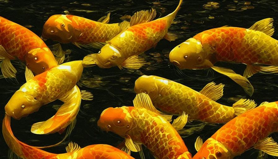 Image similar to a single golden glowing koi! fish swims in magical water with caustics and volumetric lighting, photorealistic painting