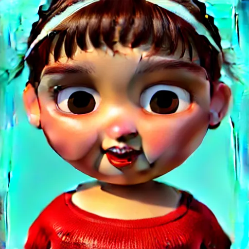 Image similar to A portrait of a chubby woman, a cute 3d cgi toon woman with brown hair in a Bob, brown eyes, full face, olive skin, romanian heritage, cute outfit, medium shot, mid-shot, hyperdetailed, 8k, trending on artstation, as a Pixar character